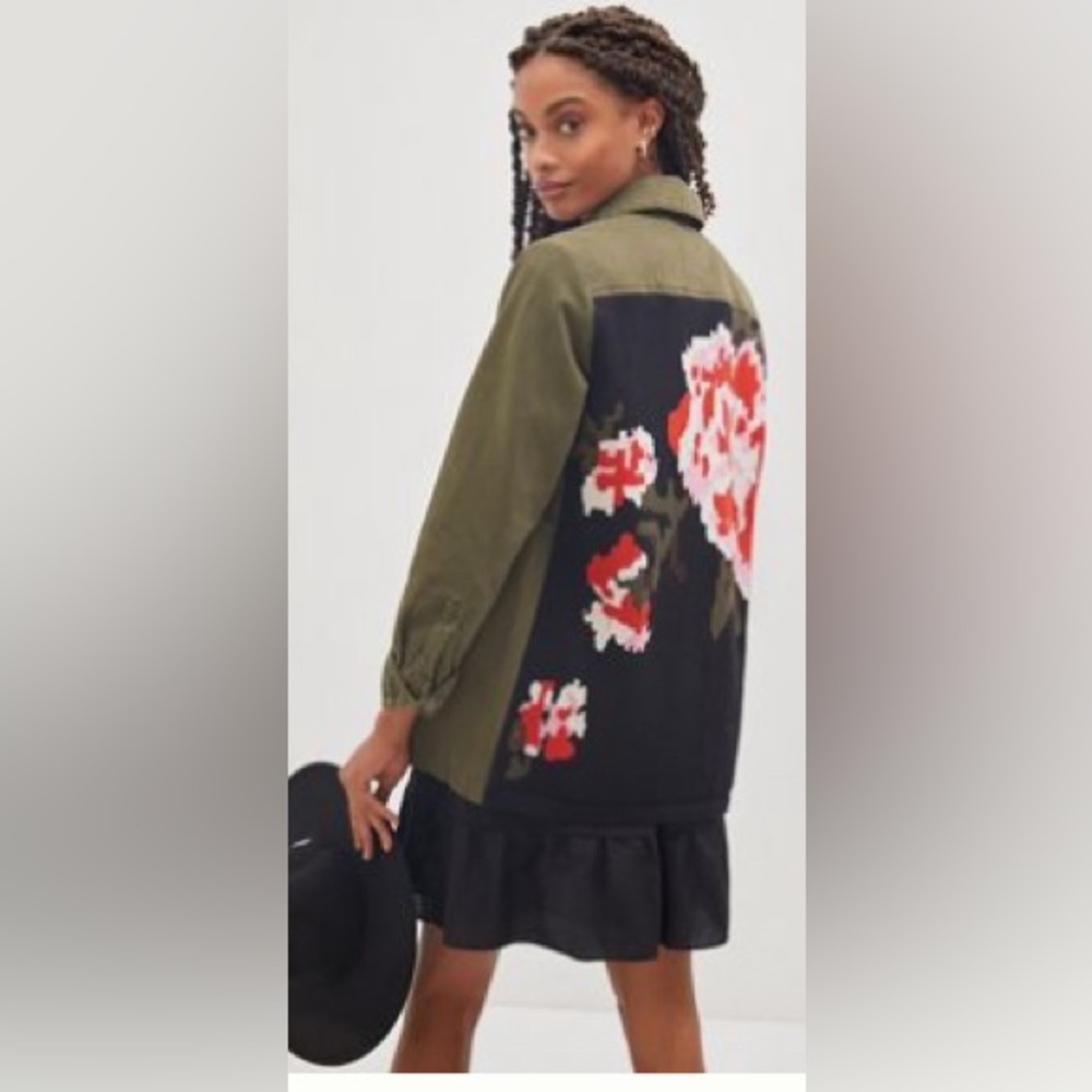 Anthropologie Floral Embroidered Women's Green Utility Jacket